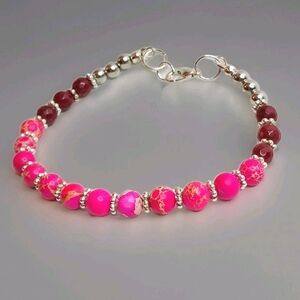 The Pink Sea Sediment Jasper, Ruby Beaded Silver Lobster Clasp Boho Bracelet 8"